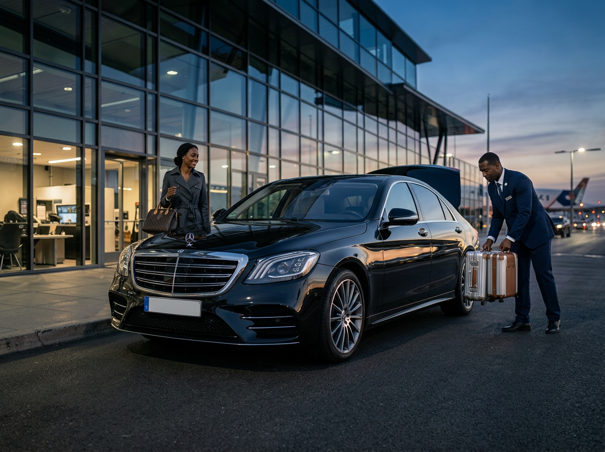 Black executive SUV waiting at a modern airport terminal at dusk with a chauffeur loading luggage