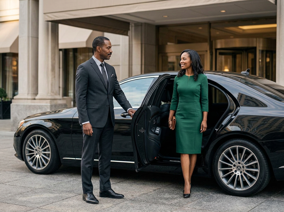 Professional chauffeur in a dark suit opening the rear door of a black luxury sedan