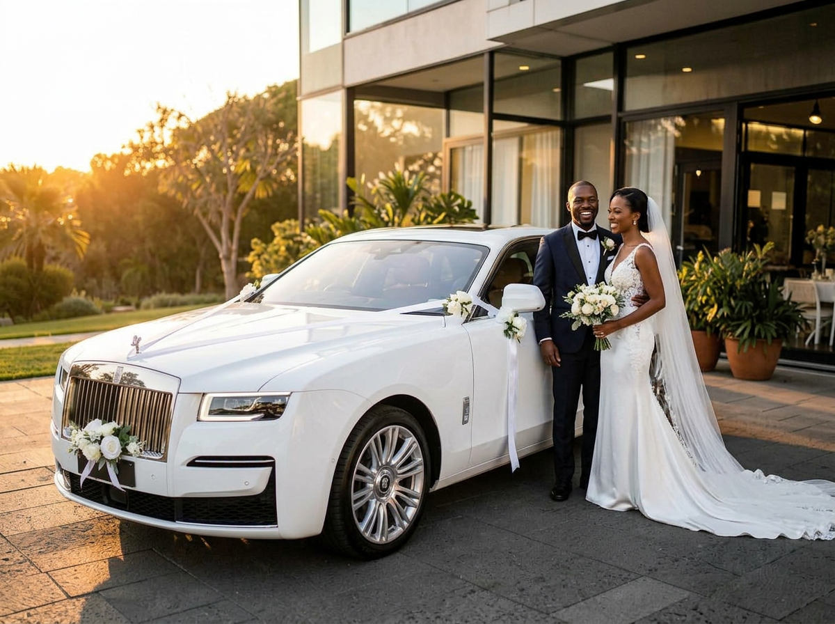 White luxury sedan decorated with white flowers and ribbon outside a wedding venue